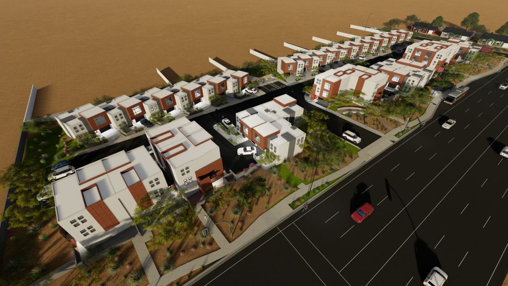 Aerial rendering of a modern multi-family townhome community along a Tempe arterial road